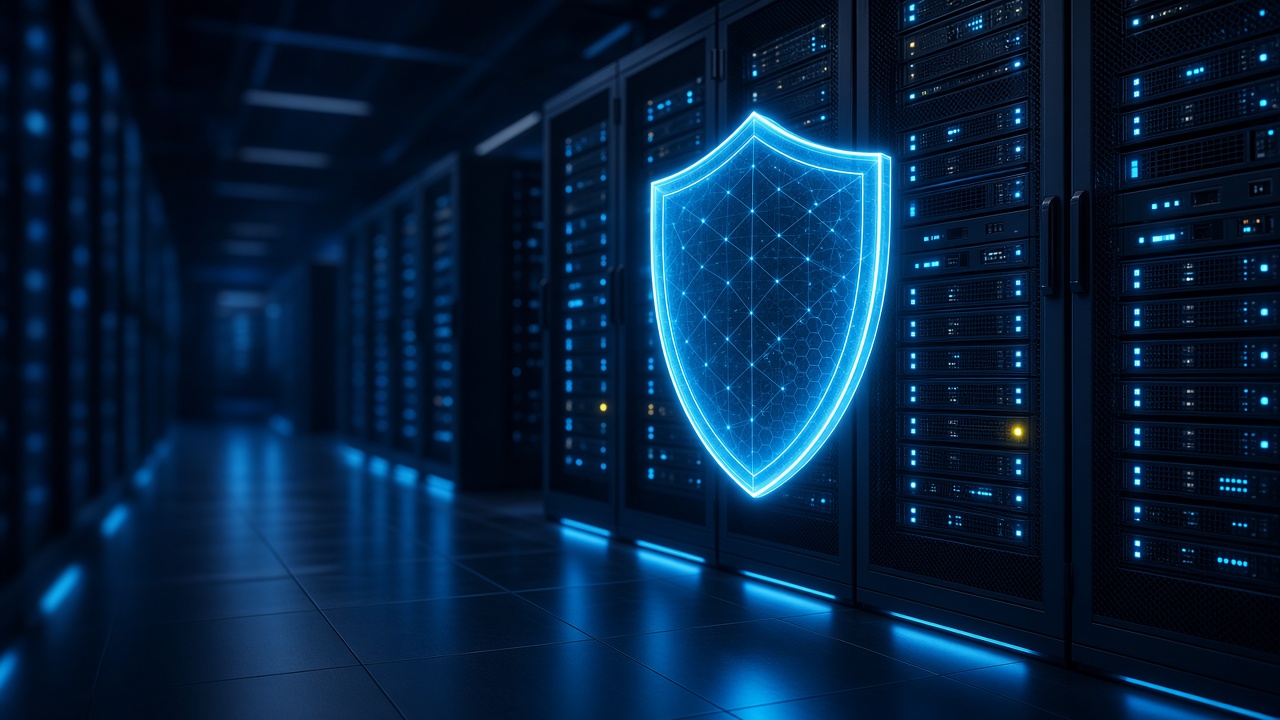 A lit shield in front of a row of servers, marking Spire Hosting’s response to the October 2026 PHP security update